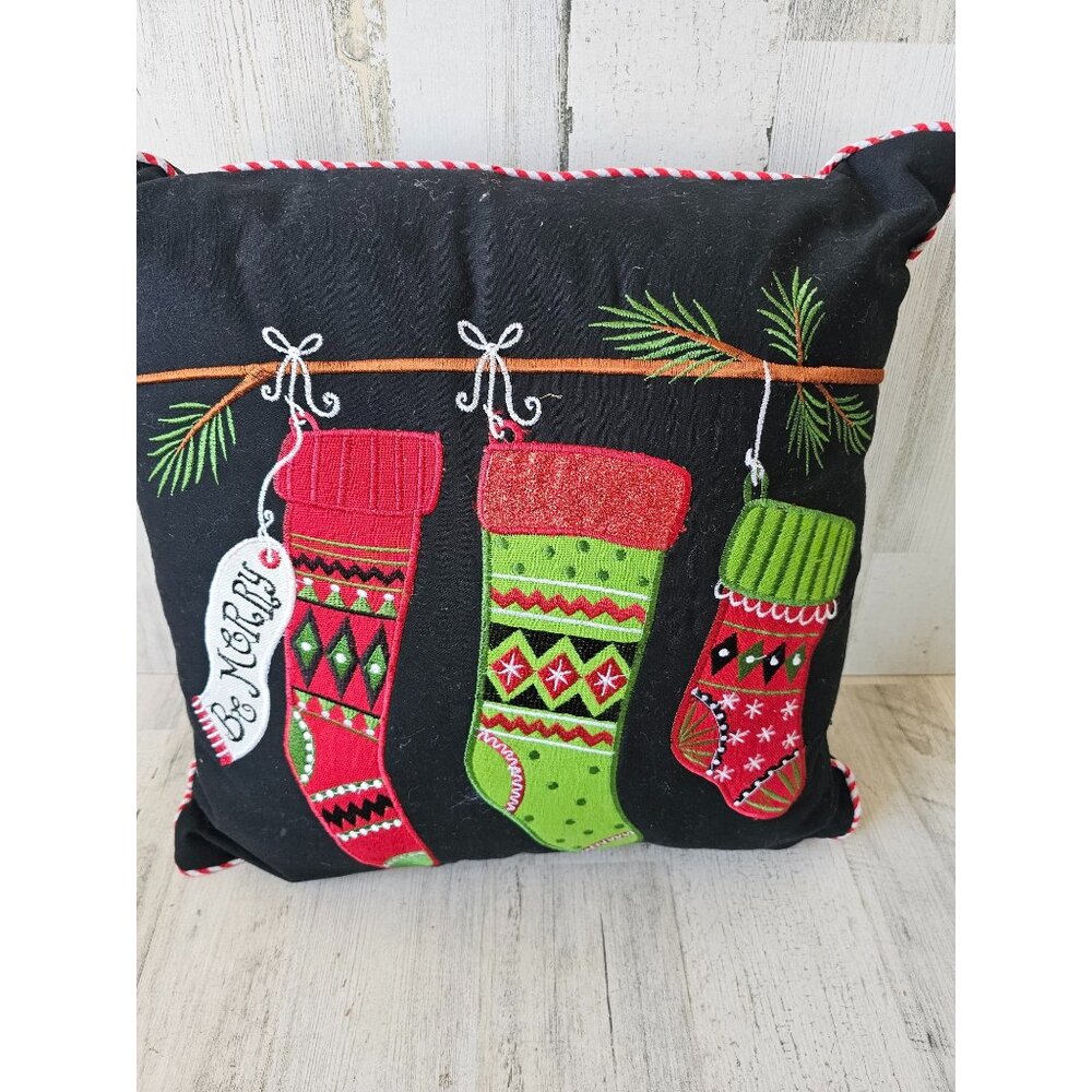 Stocking pillow Xmas 14x14 tree red green embroidered glitter